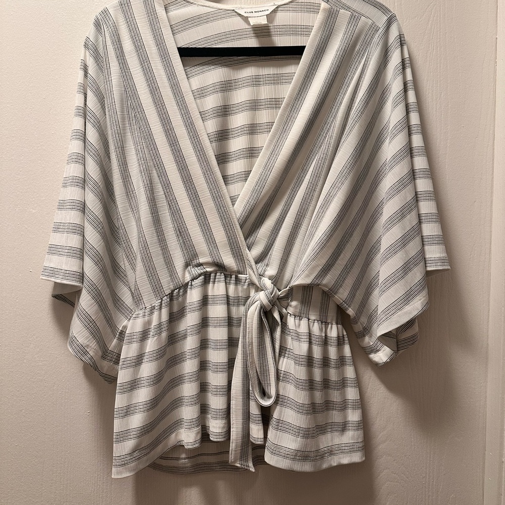 Club Monaco Light Gray and White Striped Tie-Front Kimono Top